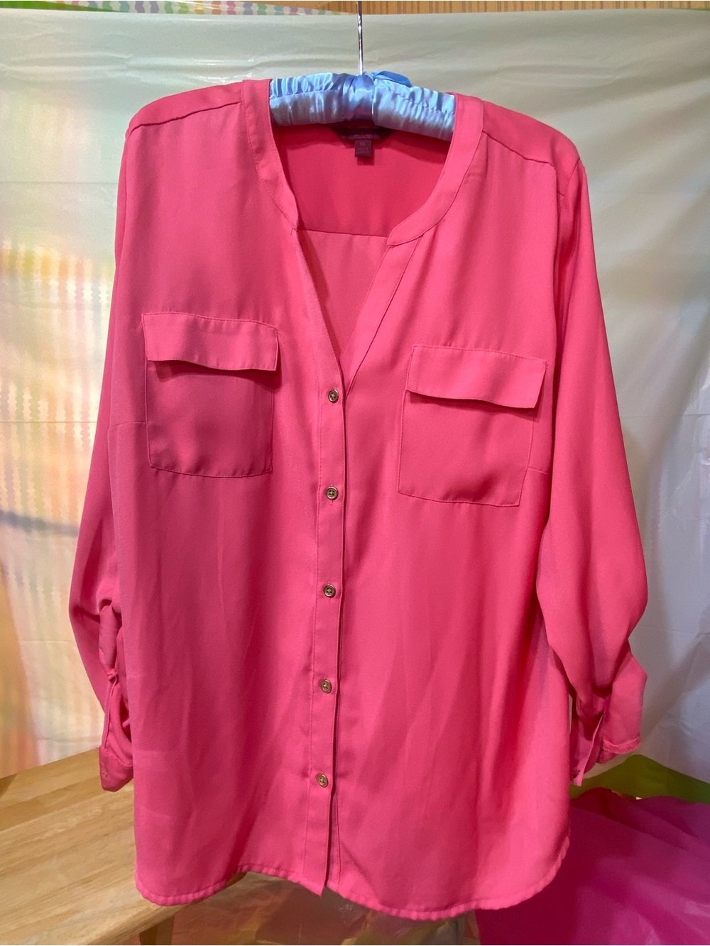 212 Collection Women’s XL Hibiscus Pink Button Front Roll Tab Sleeve Blouse